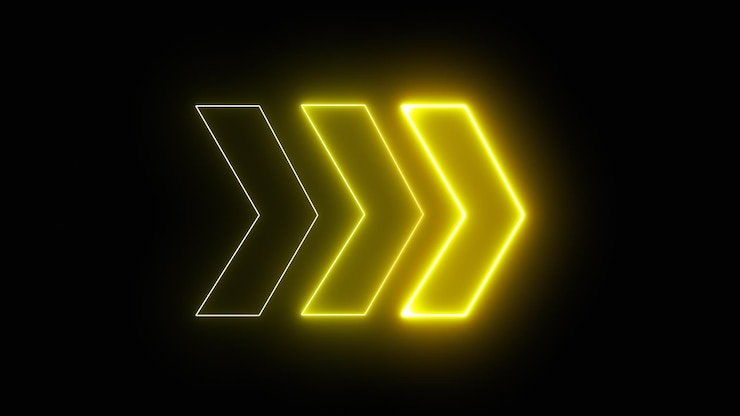 Foto indicatore di freccia al neon giallo brillante a destra su sfondo scuro segno luminoso retro colorato e luminoso rendering 3d di frecce al neon luminose su sfondo nero indicatori di direzione lampeggianti