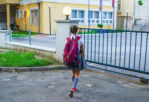 Indietro del bambino della ragazza che va a scuola con il pacchetto posteriore porpora. Camminare verso il cancello della scuola