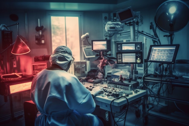Indietro del medico in ospedale o laboratorio futuristico IA generativa
