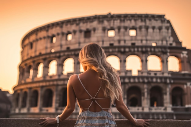 Indietro della donna bionda sexy contro il Colosseo Roma Italia IA generativa