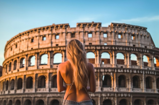 Indietro della donna bionda sexy contro il Colosseo Roma Italia IA generativa