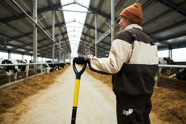 Indietro di giovane agricoltore femminile in abiti da lavoro in piedi tra stalle