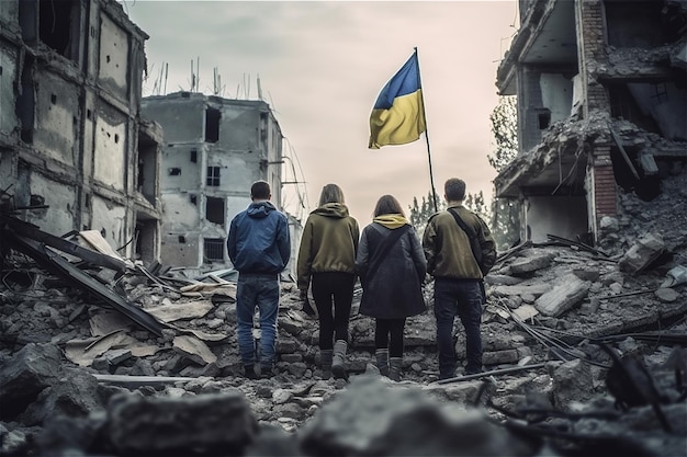 Indietro di un gruppo di persone con bandiere ucraine sulle rovine liberate della città Concetto di vittoria della guerra in Ucraina IA generativa