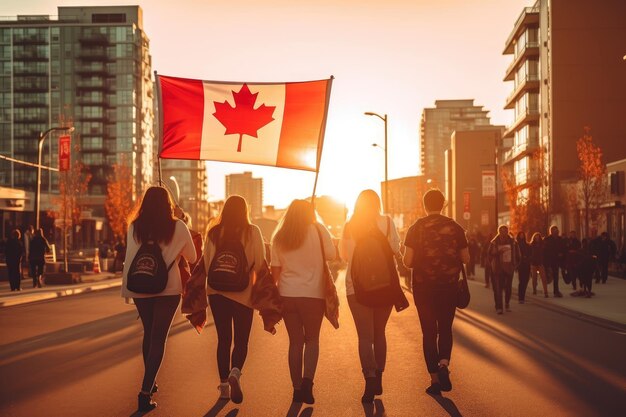 Indietro di un gruppo di persone millenarie con bandiera canadese al tramonto Canada day IA generativa