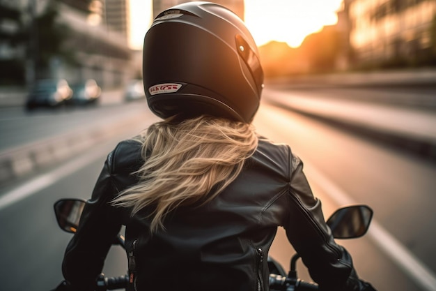 Indietro di una ragazza motociclista bionda con una giacca di pelle e un casco su una moto IA generativa