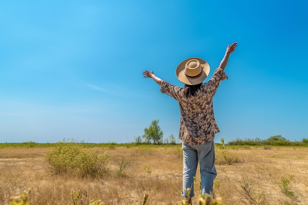 Individuale che lancia il cappello verso il cielo azzurro e limpido circondato da bellezze paesaggistiche