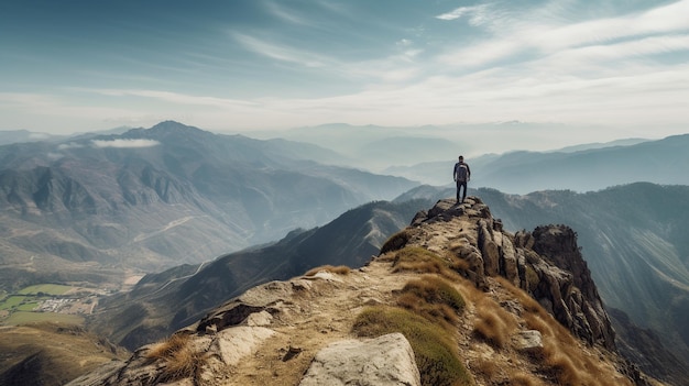 Individuale che sale su una montagna con una vista tentacolare sulla valle sottostante