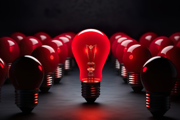 Individualità Idea creativa Ispirazione Nuova idea e concetto di innovazione Bulbo rosso su sfondo nero