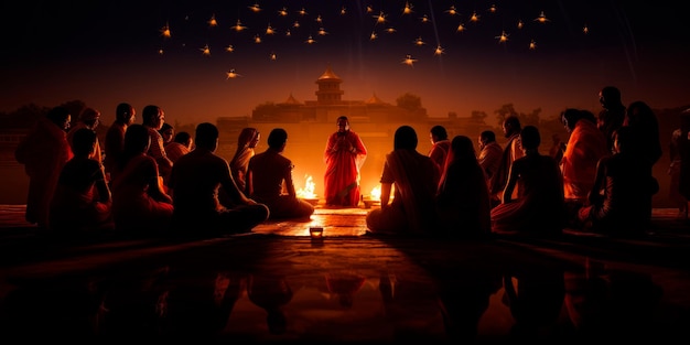 individui a silhouette che partecipano a una cerimonia di preghiera e puja di Diwali
