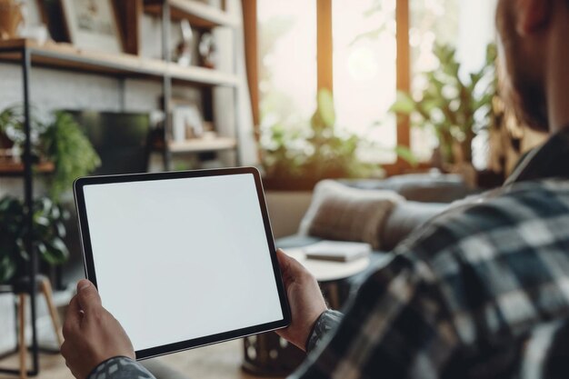 Indiviso che tiene un tablet con uno schermo vuoto in una stanza luminosa piena di piante