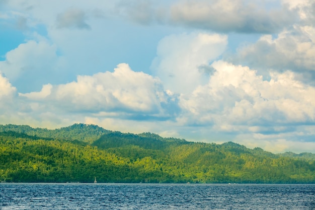 Indonesia. Una lontana isola tropicale con tempo soleggiato. Ombre dalle grandiose nuvole sulla foresta pluviale