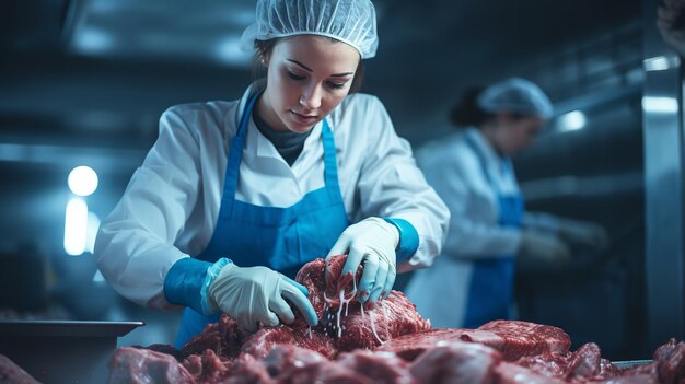 Indossando attrezzature di sicurezza e guanti una donna in una macelleria macina carne macinata in un macinatore di carne Generative Ai