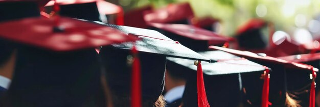 indossatori di cappelli di laurea in una linea con cappelli rossi