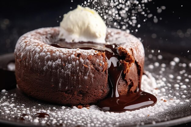 Indulgatevi in una decadente torta di lava al cioccolato con il suo centro ricco e appiccicoso che fuoriusci mentre la tagliate.