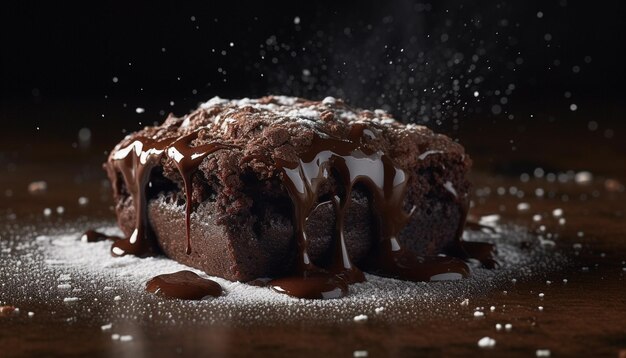 Indulgente brownie al cioccolato fatto in casa su un piatto di legno che tenta l'indulgenza generata dall'intelligenza artificiale