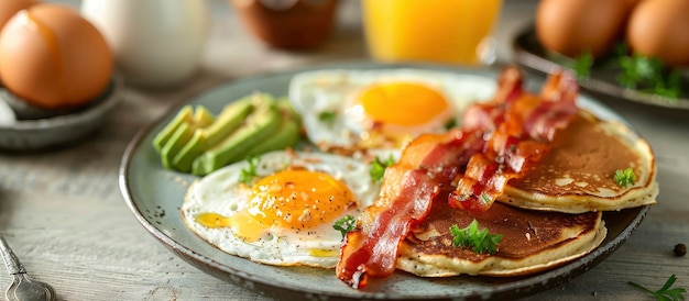 Indulgente colazione Spread Uova fritte croccanti Bacon Hash Browns Pancake soffici e toast di avocado abbinati a latte rinfrescante e succo d'arancia