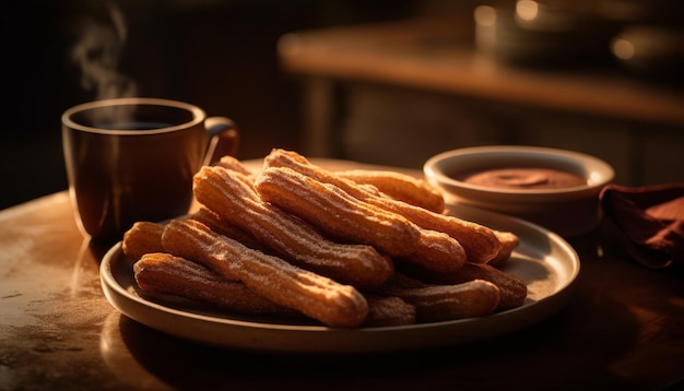 Indulgente dessert fatto in casa su piatto di legno rustico AI generativo