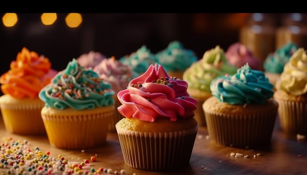 Indulgente dessert gourmet con cupcakes colorati generati dall'intelligenza artificiale