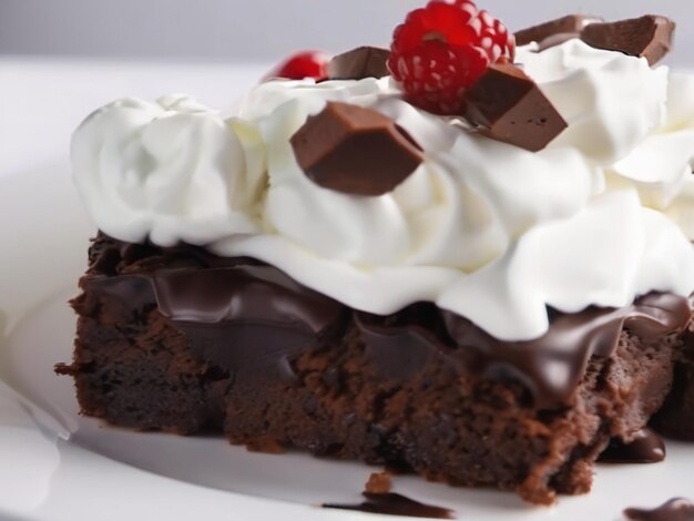 Indulgente dessert gourmet fatto in casa brownie al cioccolato con panna montata