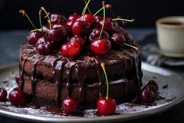 Indulgente torta al cioccolato con ciliegie succose creata con strumenti di IA generativa