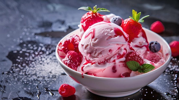 Indulgenti cucchiaini di gelato alla fragola in una ciotola adornata con bacche fresche Perfetti per menu di dessert o dolcetti estivi Delicia e vibrante AI