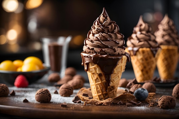 indulgenza al dessert gelato al cioccolato gourmet su cono di cialda