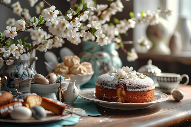 Indulgenza salutare Festa di Pasqua Festa di frutta e torte sulla tavola da pranzo