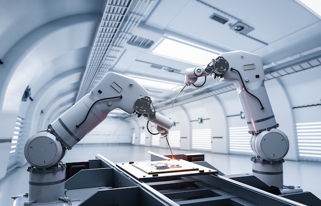 Industria dell'automazione con catena di montaggio di robot in fabbrica