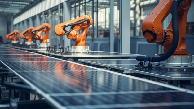 Industria dell'automazione con catena di montaggio robot e pannello solare