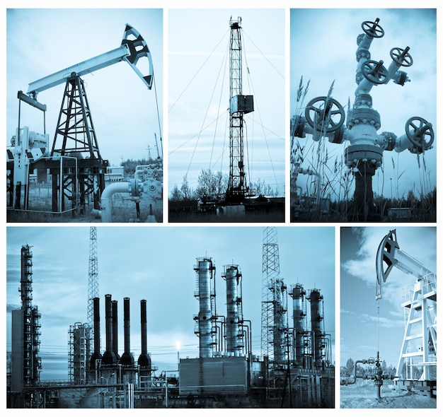 Industria petrolifera e del gas. Collage, monocromatico, tonalità blu.