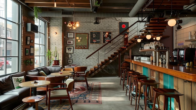 Industrial Coffee Shop Interior with Vintage Decor Warm Urban Beverage House