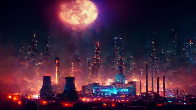 Industrial Cyberpunk Neon Night City Skyline View Digital Paint Art Illustration