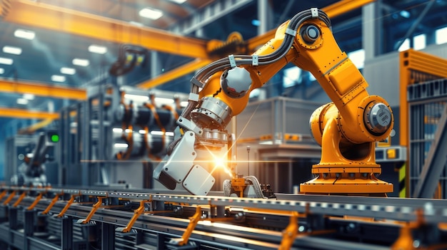 industrial robot works automatically in smart autonomous factory
