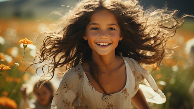 Infanzia felice Ritratto di una bella bambina con lunghi capelli ricci sul campogenerativo ai