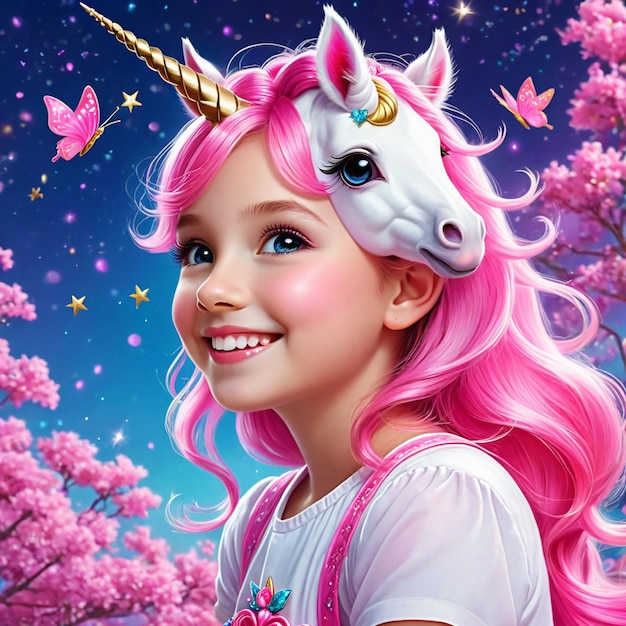 Infanzia incantata Una fantasia rosa con una ragazza e un unicorno