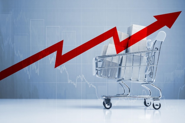 Inflazione di crisi globale e aumento dei prezzi Carrello della spesa piccolo con monete impilate e grafico di crescita Concetto di aumento dei costi mondiali Cubi percentuali nel carrello del supermercato