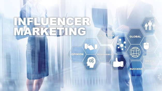 Influencer marketing concept nel business Tecnologia Internet e rete Abstract background mixed media