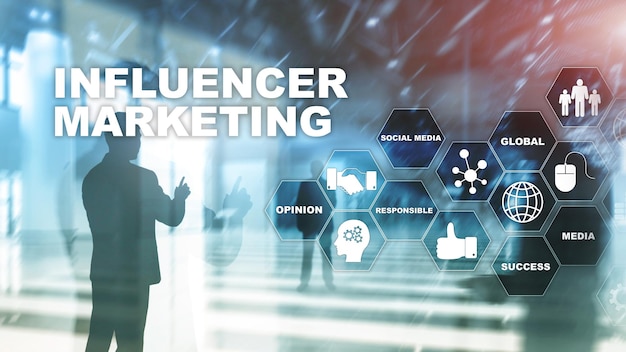 Influencer marketing concept nel business Tecnologia Internet e rete Abstract background mixed media