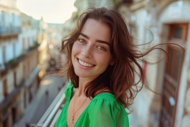 Influencer turistica blogger donna in città urbana con sorriso dentato
