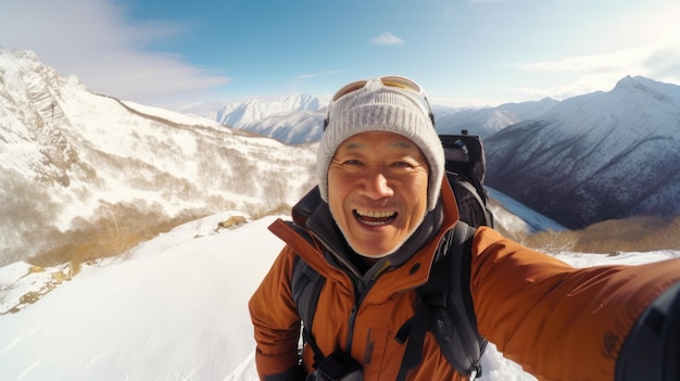 Influencer viaggiatore che si fa un selfie durante un viaggio in stagione invernale zaino sulle alpi bellezza di montagna