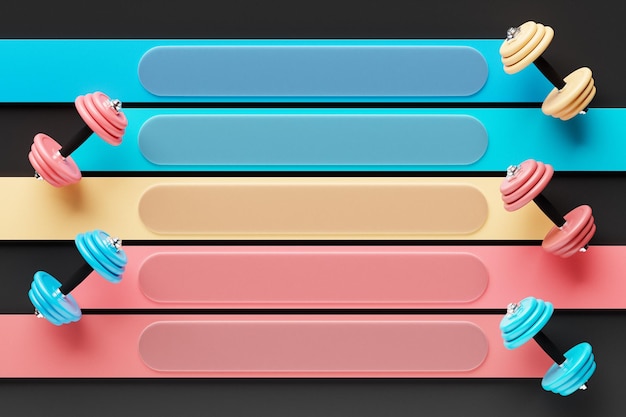 Infografica a nastro orizzontale con icone di salute con manubri multicolori