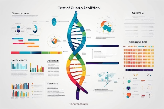 Infografica del test del DNA Mappa della sequenza del genoma Architettura dei cromosomi e tabella di sequenziamento genetico Dati astratti Struttura molecolare Test genetico Illustrazione vettoriale della sequenza genealogica