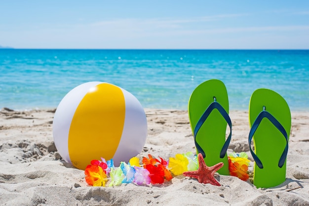 Infradito colorate e pallone da spiaggia in riva al mare