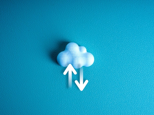 Infrastruttura di tecnologia di cloud computing concetto di servizio di archiviazione di sistemi di dati Caricare e scaricare icone frecce segno su piccola nuvola bianca con modello di griglia di rete su sfondo blu stile minimale