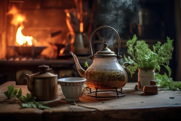 Infusione di tè alla menta in una teiera rustica accanto al fuoco creata con l'IA generativa