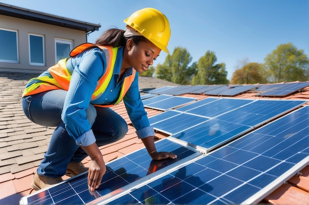 Ingegnere africana che installa o ripara pannelli solari sul tetto di una casa indossando un'uniforme di sicurezza