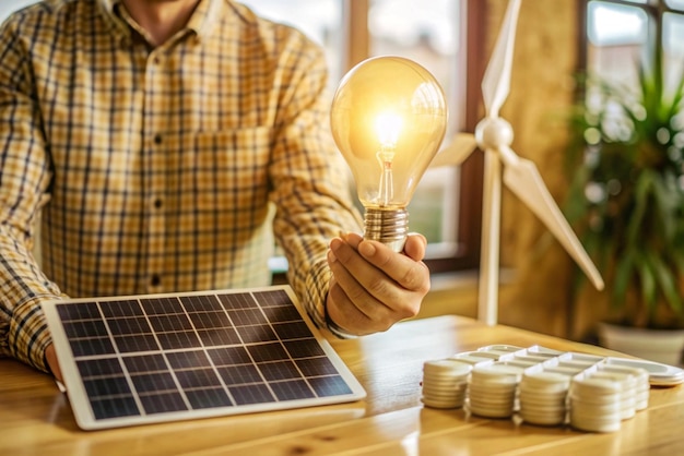 Ingegnere ambientale con una lampadina in un ufficio moderno con un campione di celle solari