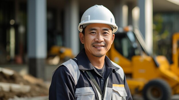 Ingegnere asiatico bell'uomo o architetto che guarda la costruzione con il casco di sicurezza bianco generato da