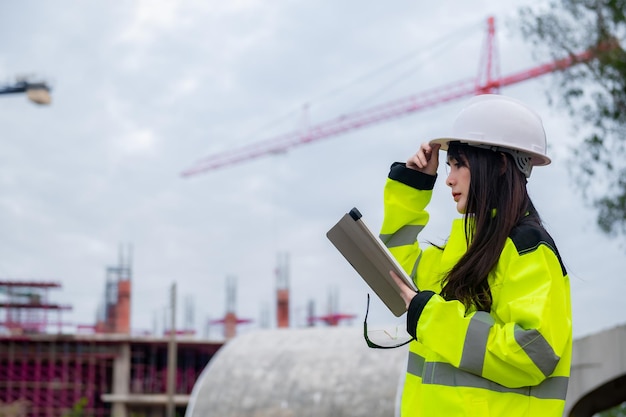 Ingegnere asiatico che lavora nel sito di un grande progetto di costruzioneLa gente della Thailandia fa gli straordinari in cantiere