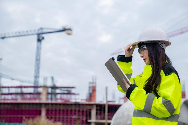 Ingegnere asiatico che lavora nel sito di un grande progetto di costruzioneLa gente della Thailandia fa gli straordinari in cantiere